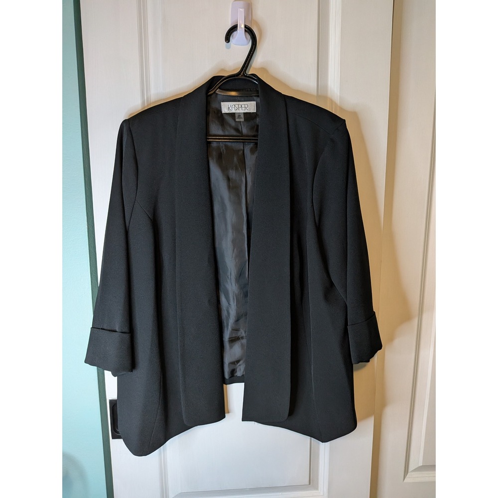 Kasper Womens Plus 16W Black Open Front Shawl Collar 3/4 Cuffed Sleeve Blazer